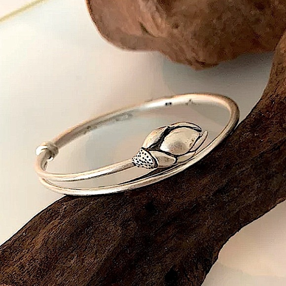 Sterling Silver Rose Flower Bangle Bracelet - Picture 3 of 9